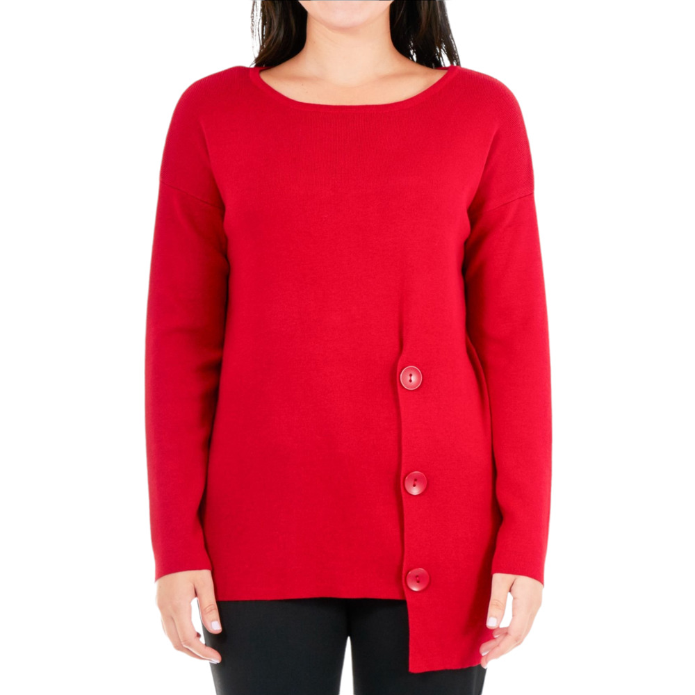 NY Collection Red Asymmetrical Sweater Chic Button Detail Knit Top Size petite L